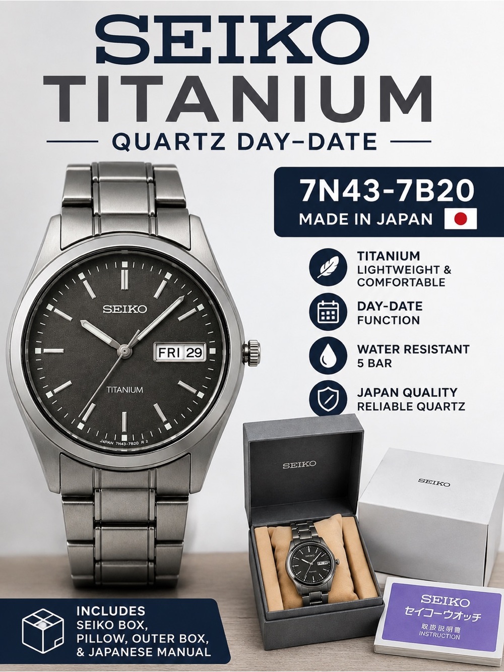 Seiko 7N43-7B20 Titanium Quartz Day Date Watch Japan Box Manual